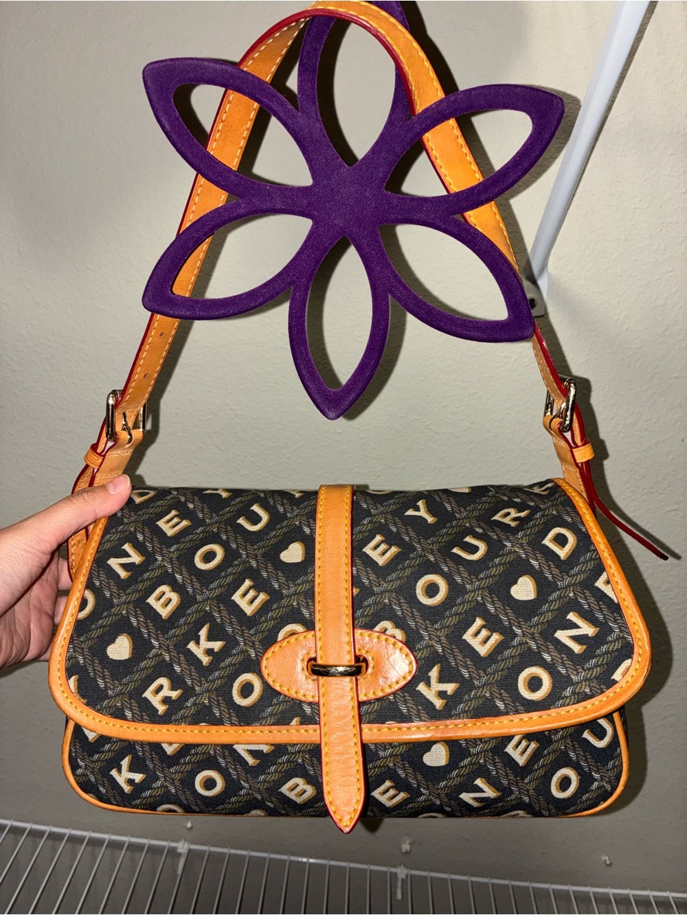 Dooney & Bourke Black Letter-Print Shoulder Bag with Orange Trim